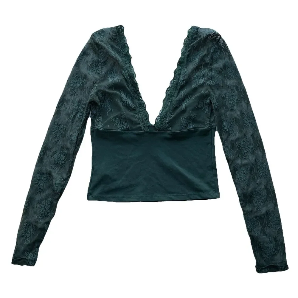 Free People Intimately Long Sleeve Lace Cami Top V-Neck Wireless Green Size S
